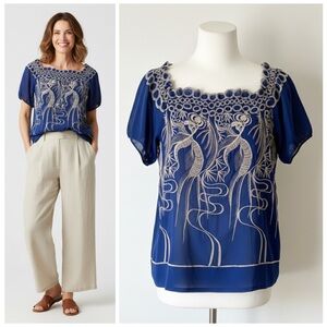 Hazel Royal Blue Embroidered Peasant Top Wearable Art Bohemian Chic Semi Sheer M